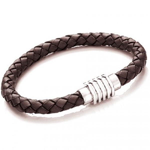 Brown Leather Plaited Bracelet, Magnetic Clasp, 21cm