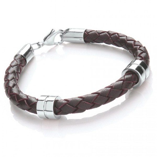 Brown Leather Bracelet, 2 Stainless Steel Bands, Lobster Catch, 21cm