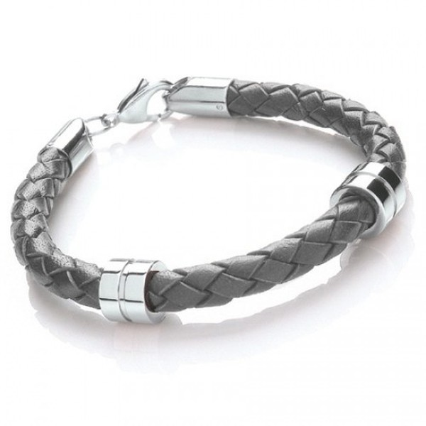 Grey Leather Bracelet, 2 Stainless Steel Bands, Lobster Catch, 21cm