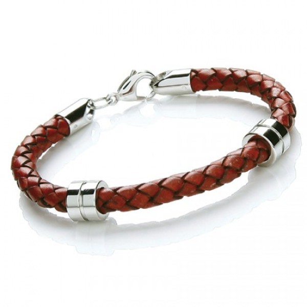Rust Leather Bracelet, 2 Stainless Steel Bands, Lobster Catch, 21cm
