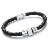 Black Leather Bracelet, 3 Stainless Steel Beads, Magnetic Pin Clasp, 21cm