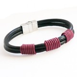 Black 2-Strand Leather Bracelet, Red Banded Knots, Magnetic Clasp, 21cm