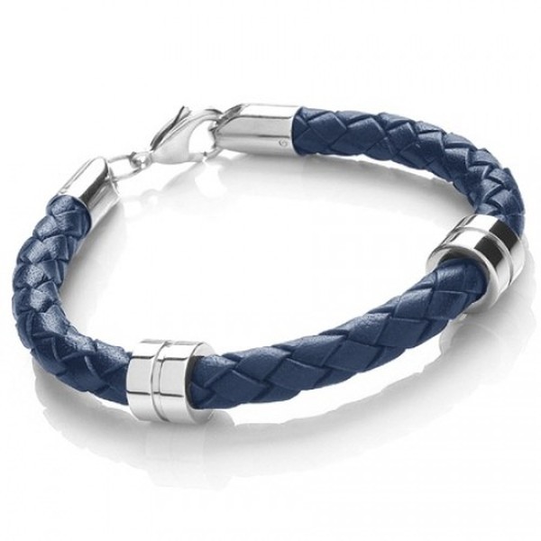 Blue Leather Bracelet, 2 Stainless Steel Bands, Lobster Catch, 21cm